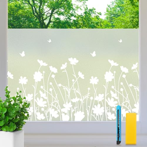 Aurathon Fensterfolie Blickdicht Sichtschutzfolie Fenster Milchglasfolie Blumenmuster mit Montagematerial Effektiver Sichtschutz Anti-UV Statische für Schlafzimmer, Büro, Badezimmer 44.5 x 200 cm