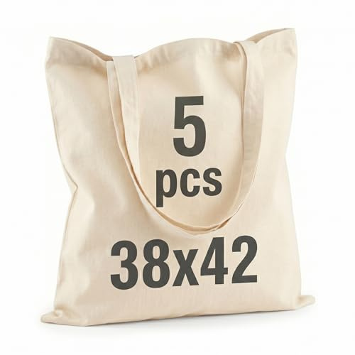 IDEA HOME Set 5 Borse in Cotone 38×42 cm – Bremen Shopper Riutilizzabili Naturali, Sacche in Tessuto Resistenti per Spesa, Ufficio, Università e Progetti DIY