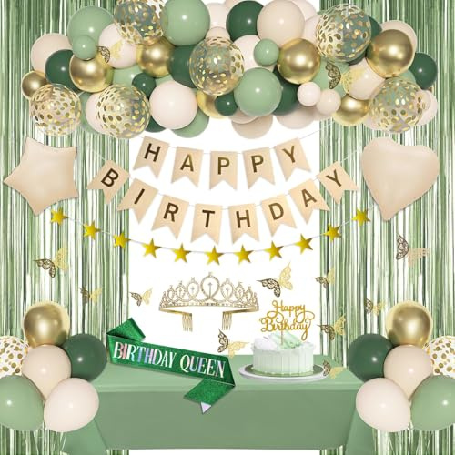 BlueCloudy Decoración de cumpleaños verde para mujer, globos foil nude marfil verde salvia, mantel, banda, corona, cortinas de flecos, bandera Feliz Cumpleaños, guirnalda estrellas, topper mariposa