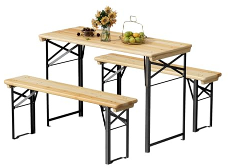 Bonnlo 3 Piece Folding Picnic Table Set with Benches, 4FT Wooden Beer Table