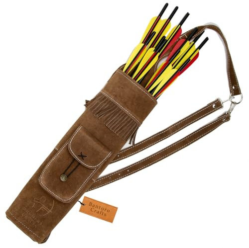 Bantoro Crafts Carquois Dorsal en Cuir suédé Marron avec Poche et Franges – Porte-flèches Traditionnel pour Le tir à l’Arc avec Deux Bretelles réglables