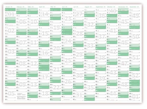 Green Wandkalender/Wandplaner 2025 (gefaltet) DIN A3 Format (297 x 420 mm) 12 Monate