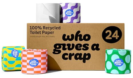 Who Gives A Crap – 100% Recycled, Twice as Long, Toilet Roll, Box of 24 (3-Ply, 400 Sheets-10x10cm) - Soft, Strong, Sustainable