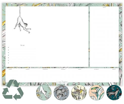 Ligarti Schreibtischunterlage Papier (100% nachhaltig) A3+ Wochenplaner Block mit To Do Liste und wechselnden Motiven - Weekly Planner undatiert, Schreibtisch Unterlage - Dschungel