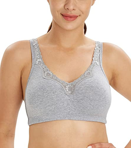 Lemorosy Comfort Plus Size Women's Lace Cotton Bras Full Coverage Non-Foam Wireless Underwear(Grey,46B)