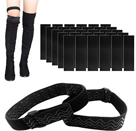 MIVAIUN 1 Paar Stiefel Anti-Rutsch Gurt Verstellbare Stiefelgurte verstellbarem Gürtel Elastische Stiefel Feste Riemen mit 30 Stück Klebeband-Haken-Aufkleber wiederverwendbare (Schwarz)