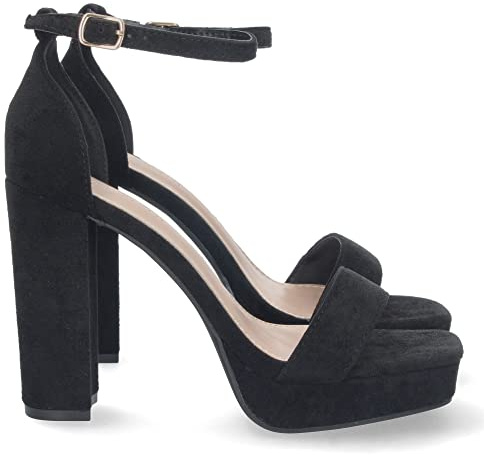 shoes&blues.es 71615 Sandalia de Tacon para Mujer, Comoda, con Pala Simple, Estilo Ankle Strap, y Cierre de Hebilla, Primavera Verano 2023 Negro Talla 37