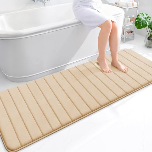 smiry Memory Foam Bath Mat 60 x 180 cm Bathroom Mat Beige | Extra Soft Non-Slip Absorbent Machine-Washable, Plush Cushioned for Cozy Foot Feel, Ideal for Shower, Sink & Bathroom Entry