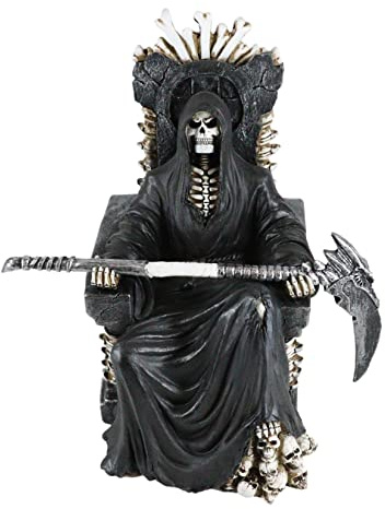Ebros Gift Santa Muerte Black Holy Death Grim Reaper Sitting On Skeleton Skull Throne with Scythe Figurine 10.5 Tall Time Waits for No Man Angel of Death As Ossuary Home Decor
