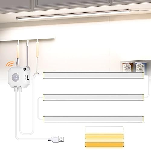 BIGFOX LED Armadio 3 Pezzi con Sensore di Movimento, 30cm Sottopensile 102 LED 3 Colori Luce Notturna per Cucina Vetrine, Scale