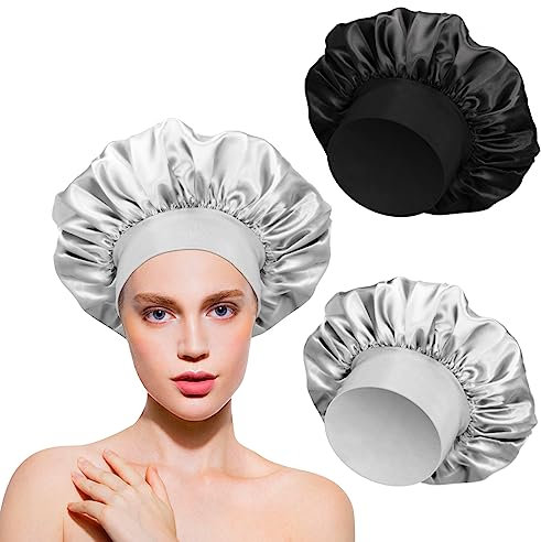 2pcs Bonnet Satin Soie Nuit Femme pour Soin des Cheveux Longs Spa Dormir Masque (Noir Gris)