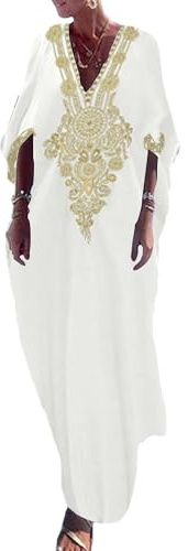 Bsubseach Bordado de Oro Largo Kaftan Vestidos Cuello en V Caftan Vestido de Playa Cover Ups para Mujer Blanco