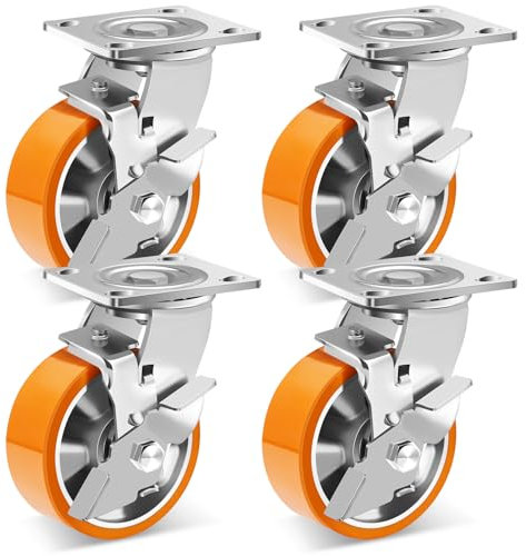 W B D WEIBIDA 125mm Ruedas Giratorias Industriales con Freno, Carga de 1800KG, Ruedas Pesados con Núcleo de Aluminio, Ruedas para Muebles de Poliuretano Duradera, para Banco de Trabajo, Juego de 4