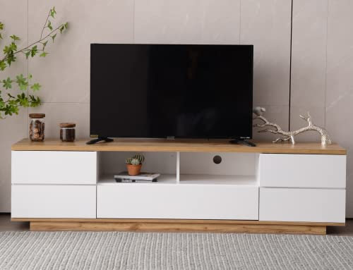 KecDuey 180cm TV-Lowboard - Moderner Farbblock-TV-Schrank in Weißer Ausführung Mit Holzmaserung
