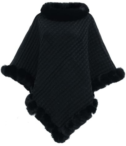 JFAN Poncho Châle Femme Tricot Capes avec Col en Fourrure Hiver Chaud Poncho Doux en Maille Elégant Châle en Crochet Noir