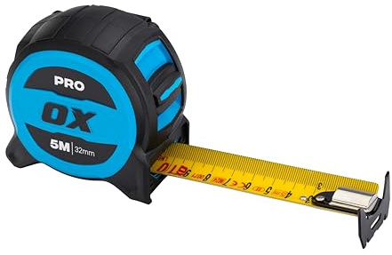 OX Pro - Cinta métrica métrica de 5 m, hoja de nailon resistente con revestimiento de 32 mm de ancho, gancho doble magnético, 4 m destacado y alcance de 4,5 m