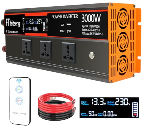3000W Wechselrichter, 12 V auf 230 V, mit LCD-Display, 3 Universa lsteckdosen sowie USB-Typ-C- und QC 3.0-Anschlüssen für Wohnmobile, LKW und Caravans