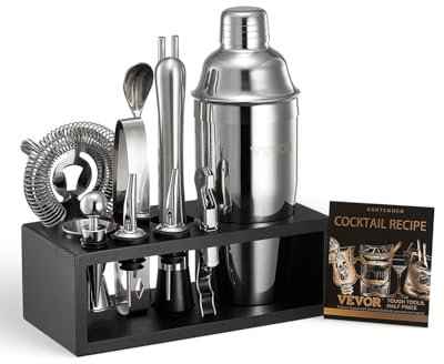 VEVOR Ensemble shaker à cocktail, 13 pcs, accessoire pour barman Martini en acier inox avec support en bambou, cuillère à mélanger, doseur, passoire, bec verseur, pince à glaçons, tire-bouchon, argent