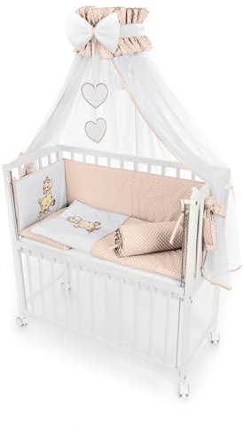 Beistellbett Baby 90x40 cm mit Matratze und 8-teiligem Bettwäscheset – höhenverstellbar, absenkbar, mit Rollen – Giraffe Beige – aus Holz – Komplettset