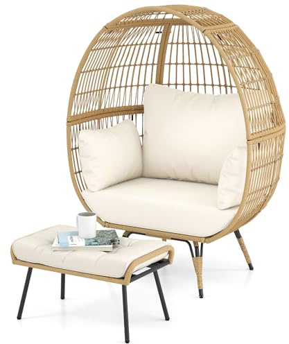 COSTWAY Sedia a Uovo con Poggiapiedi, Set da 2 Pezzi in Rattan con Struttra in Metallo e Cuscini Morbini, Portata 205 kg, Poltrona Relax per Soggiorno, Terrazzo, Giardino e Cortile
