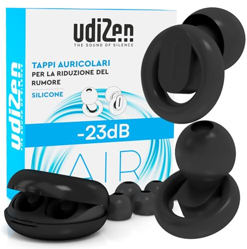 Bouchons d'oreilles Antibruit pour Voyager Dormir Étudier Protection Auditive -23dB UdiZen Air - 1 Paire de Bouchons Réutilisables Ergonomiques Réduction du Bruit SNR 23dB Couleur Noire avec Étui
