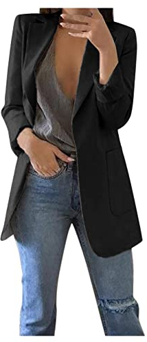 YIzdegg lång blazer dam elegant, dam enfärgad kavaj, långärmad kontorsjacka med ficka, affärsjackor med knapplist, business slim fit ytterkläder, öppen fram kavajjacka