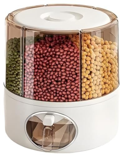 Contenedor de almacenamiento de granos giratorio de 360°, dispensador de arroz transparente de 6 compartimentos con salida de un clic, organizador hermético de alimentos secos para arroz, legumbres