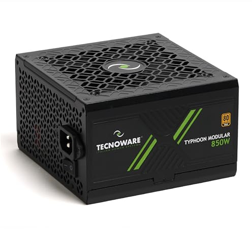 Tecnoware Power Systems Nätaggregat Typhoon 850W, 80 PLUS Gold, Fullt modulärt, Gaming, Tyst 12 cm fläkt, Japanska kondensatorer 105°C, DC-DC-krets, Platta kablar
