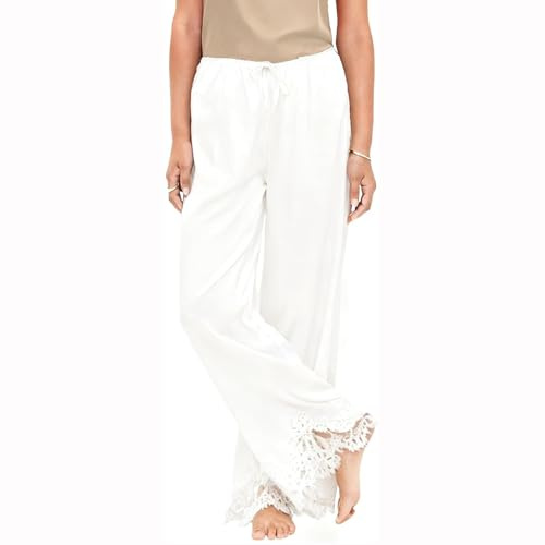 Lace Trim Satin Pants for Women Full Slips Solid Color Wide Leg Pjs Trousers Elastic Waist Pajama Bottoms Streetwear (White, Small)
