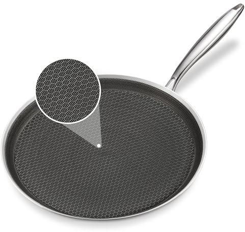 KOKHUB 30cm Pancake Pan Nonstick, Stainless Steel Honeycomb Crepe Pan | Indction Dosa Tawa, PFOA Free, Flat Frying Pan for All Hobs, Chapati Pan, Roti Tawa, Black