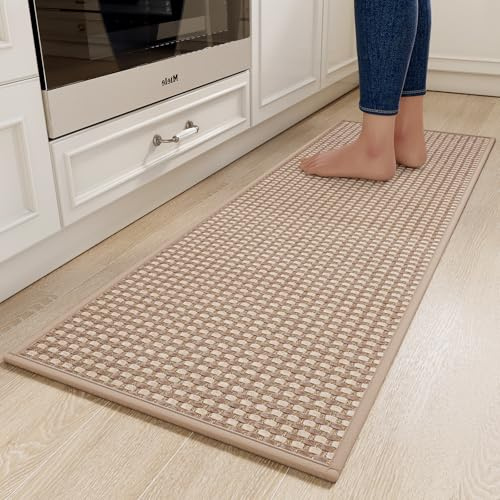 Quqei Kitchen Rug Non Slip Washable, Rubber Backed Floor Mat 43x150cm Brown | Washable Kitchen Mats for Floor, Comfort Durable Woven Surface, Absorbent Kitchen Runner Rug, Front of Sink, Easy to Clean