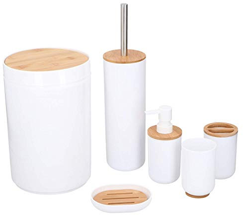 Alpina - Set da bagno e WC, 6 pezzi, con bicchiere, dispenser per sapone, piattino portasapone, contenitore per rifiuti, scopino per WC con supporto, in plastica e bambù