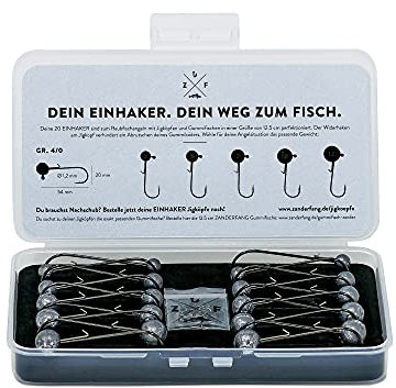 Zanderfang –Angelhaken-Set Jigköpfe – 20 x Jigkopf 4/0 für Gummifische 11cm bis 13cm – Angelbox 10 Snaps – Jigköpfe Gewicht 3g, 5g, 7g, 10g, 12g