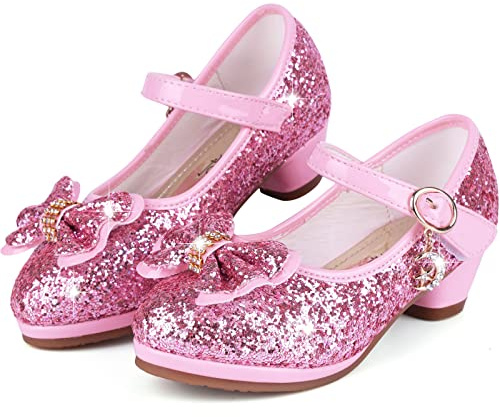 KUWIBY Girl Sandals Glitter Princess Shoes Sequin Party Shoes Bling Bowknot High Heels Wedding Birthday Dress Comfort Bright Diamond Cosplay Dance for Little Girls Christmas Pink