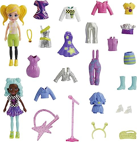Polly Pocket Reisespielzeug mit zwei 7,5 cm Puppen und 25 Accessoires, Modepaket für den Außenbereich mit 2 glühenden Stücken