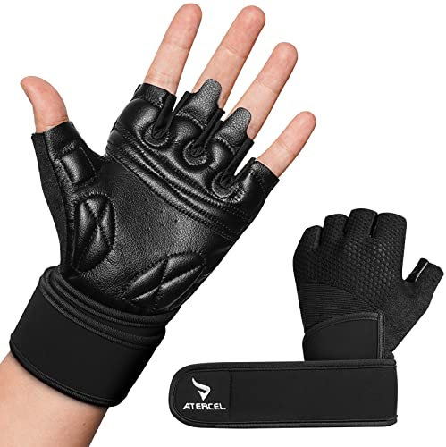 ATERCEL Fitness Handschuhe Herren Damen – Trainingshandschuhe für Gewichtheben, mit Handgelenkschutz aus Leder – Sporthandschuhe für Krafttraining und Kraftsport L