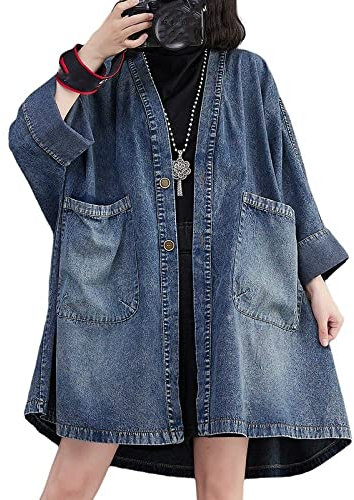 TOMPPY Denim Jacket, Women's Long Denim Jacket Plus Size Vintage Blue Long Sleeve Button Up Shacket Jacket Wash Faded V-Neck Denim Coat Spring Transition Casual Outwear with Pocket,L