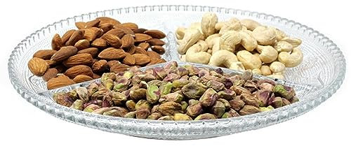 KYY'Z Glass Snack Dish 3 Section Divided Glass Serving Dish Compartment Tray Round Nibbles Platters Plate Appetizers Tapas Canape Sweets Candy Platter Serving Tray Olive Dish Party Reusable