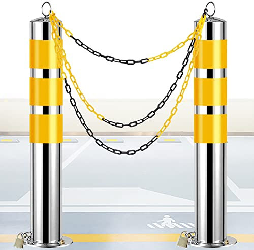 Sicherheitszapfen 2 Stück Parkplatzabsperrungen mit Sockel und 5 m Absperrkette, Stoppschild for Garage, Parkassistent, Sicherheitspoller, Verkehrsmast mit reflektierenden Streifen (Größe: 800 mm H x