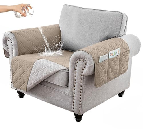 RAPRAP 100% Waterproof Armchair Cover with Side Pockets, Washable Anti-slip Chair Cover for Single Sofa Couch Recliner Armchair, Armchair Protector for Pets Children Dog Cat, Khaki,1 Seater