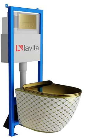 Lavita LAV 101 Élément mural pour WC 40 cm + évier mural suspendu SOFI SLIM CHECKED GOLD sans bord + panneau de commande LAV 200.3.5 Gold | Kit complet | Réservoir de chasse encastré | WC complet