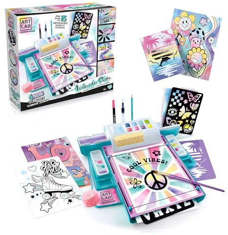 Canal Toys – Art Lab – Watercolour Studio - Children Watercolour Kit with 8 Paints to Create 15 Colours, 15 Sheets of Paper, Stencils and Tools - Creative Set and Arts Activity for Children 6 Years+