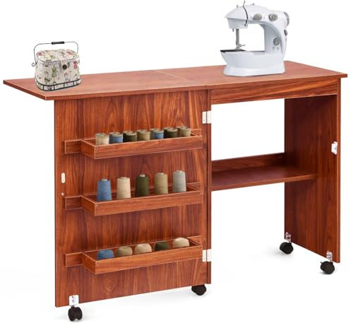 Shally Dogan Mueble para máquina de coser plegable con 5 ruedas giratorias, mesa de coser de madera plegable para ahorrar espacio, tabla de planchar retráctil, mesa de escritorio multiusos (cerezo)