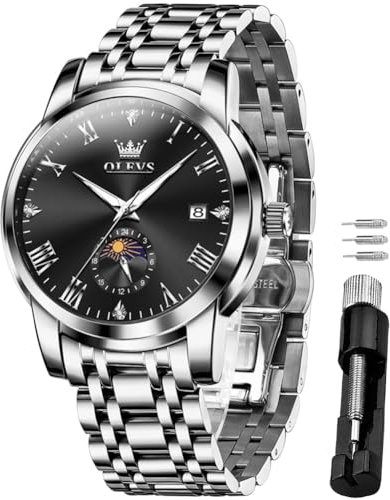 OLEVS Herrenuhren Analoge Quarzuhr Mondphasenkalender Geschäftsluxusuhr Edelstahl Wasserdicht 30M Leuchtendes Herrenarmbanduhren Geschenk