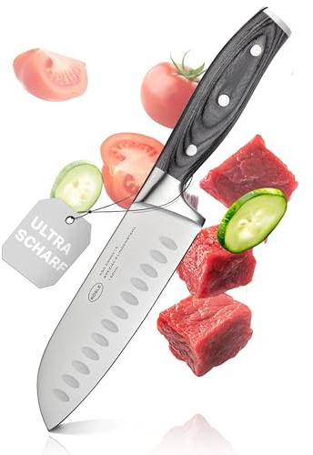 RÖSLE WOLFGREY Santokumesser klein 15 cm – Ultrascharfes Küchenmesser aus X50CrMoV15-Stahl – Japanisches Allzweckmesser mit Kullenschliff & Pakkaholzgriff – Für Fleisch, Fisch, Gemüse & Sushi