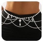 MODRSA Silver Belt Chain Belt for Women Fashion Plus Size Silver Pearl Waist Chains Metal Layered Belts Chains no Tarnish Trendy Belly Belts for Women Dress Pearl Waist Jewelry Dainty