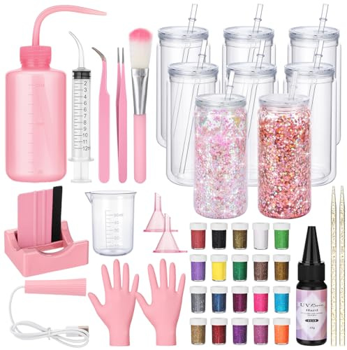 Meanplan 8 Pcs Snow Globe Tumbler Kit 16 oz Pre Drilled Cups, Pink