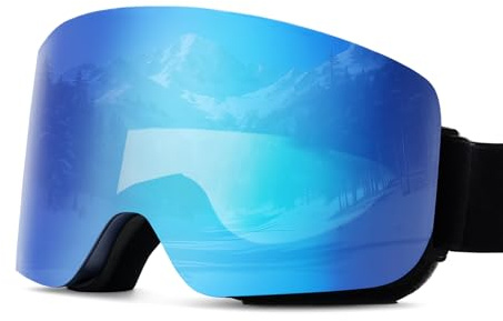 Jinfanshurich Anti-dim-skidglasögon, skidglasögon för glasögonhållare, UV400-skydd, HD polariserad dubbellins, halkfri och justerbar rem, hjälmkompatibla snöglasögon (blått skidglasögonlins)