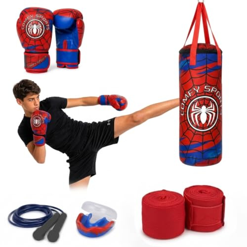 Comfy Kids - Kit de saco de boxeo con guantes de boxeo, MMA, Muay Thai y Karate, saco de boxeo colgante para niños y niñas (rojo/azul, con guantes de tamaño 6 onzas)
