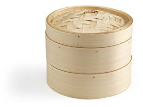 Ken Hom KH506 Bambus Dampfgarer, 20cm, Excellence, Asiatischer Dämpfkorb mit 2 Etagen, für Dim Sum, Gemüse, Fleisch, Mit Deckel und 2 Bambus Dampfkorb, Nicht spülmaschinenfest